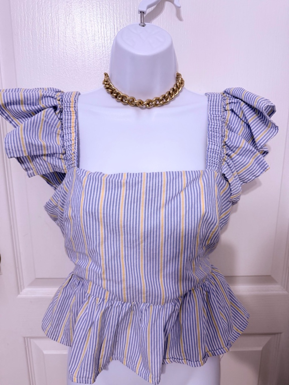 Striped Ruffle Peplum Blouse in Blue & Yellow